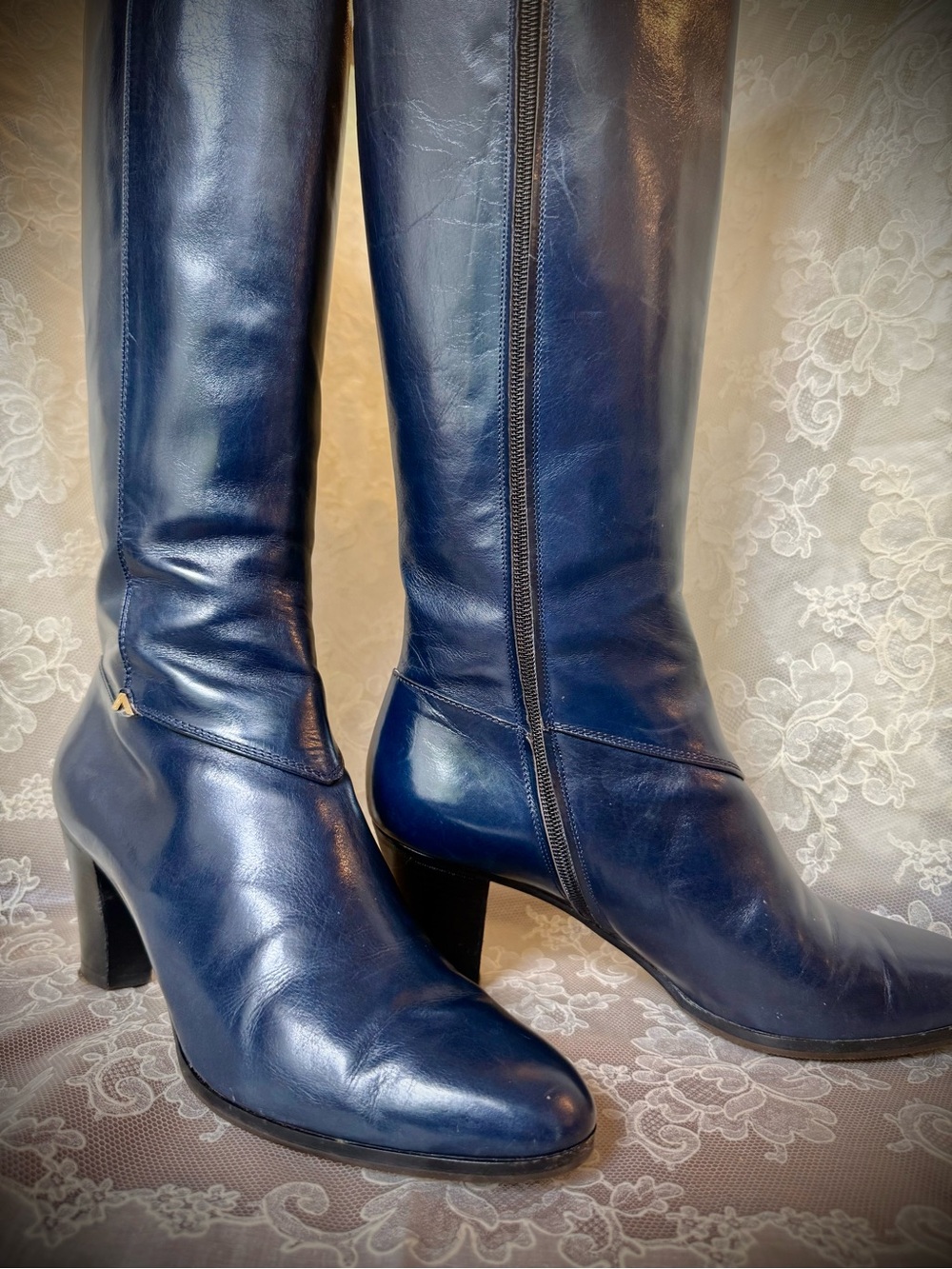 Vintage Navy FERRAGAMO 7.5 Knee High Leather Zip Riding Boots Luxury 1990
